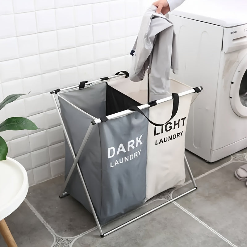 Durable foldable laundry hamper with large capacity and 2/3 compartments, made of aluminum & Oxford cloth. Easy to assemble with utility hooks.