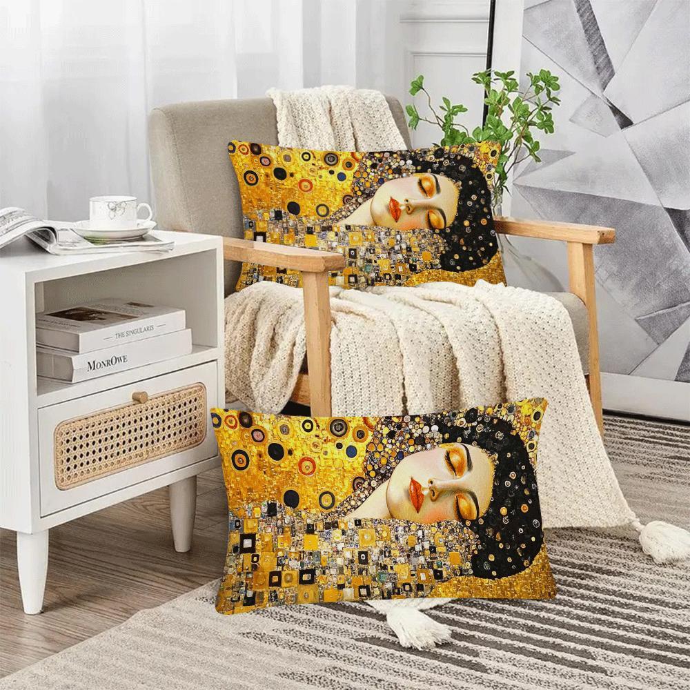 Set of 2 Gustav Klimt's Kiss Abstract Oil Painting Pillow Covers, measuring 50.8*30.48cm each. Perfect for adding a modern touch to neutral sofas, bedrooms, and living rooms. Great for camping, outdoor sofas, tents, and car accessories. (Pillow mats not