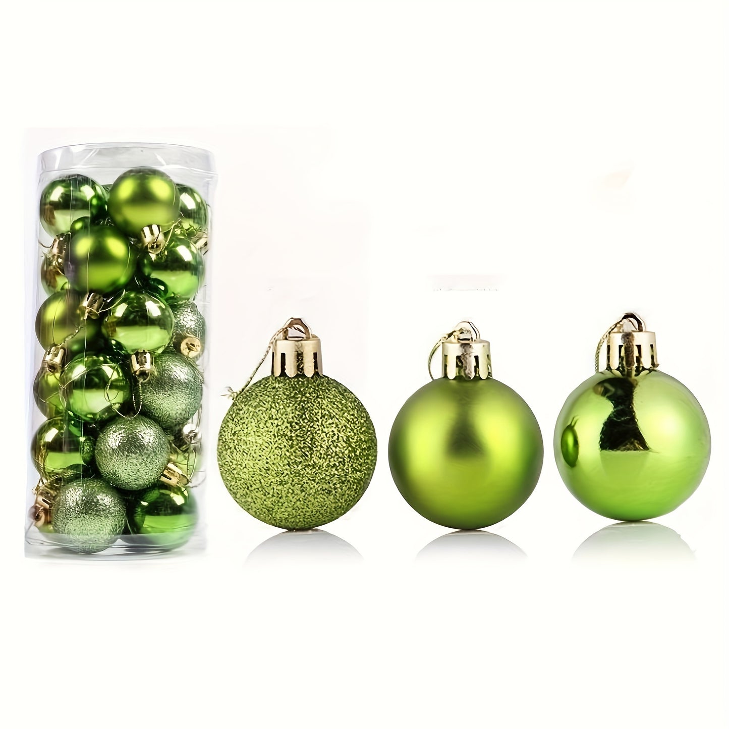 24 shatterproof Christmas tree ornaments in various sizes for festive decorations.