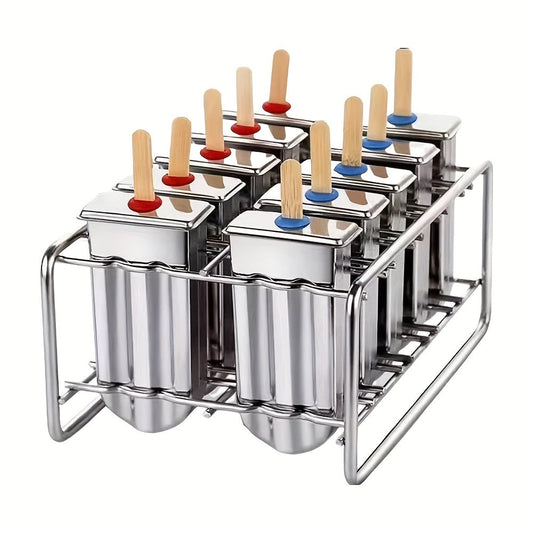 6 or 10 piece set of 304 stainless steel popsicle molds with cover, stainless steel popsicle stand base, and ice cream sticks for DIY golden popsicle molds and creative fruit popsicle molds. Essential kitchen tools for making delicious treats.