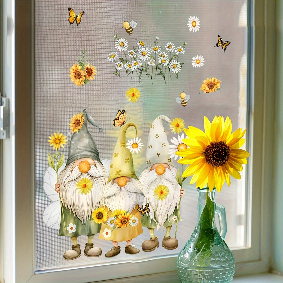 Add a touch of whimsy with this charming Bee & Gnome Elder Sunflower Daisy Electrostatic Window Cling. Made of durable, double-sided, reusable PVC sticker that is 5mil thick for vibrant home decor. Featuring a playful Gnome design and Sunflower Daisy