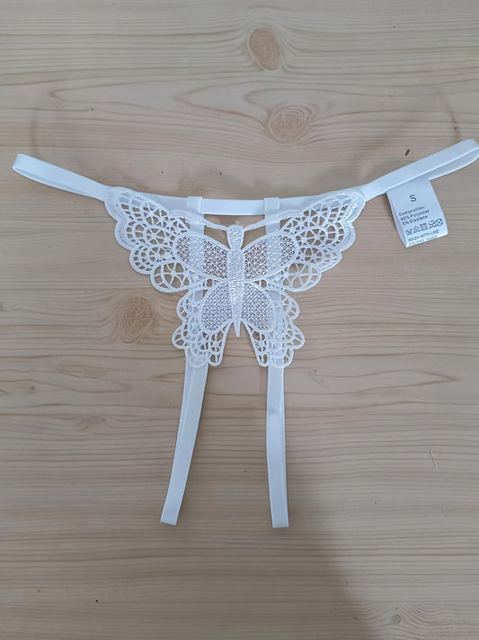 Sexy butterfly pattern panties with open crotch and low waist for women.