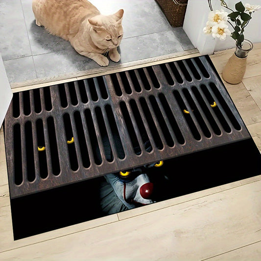 One piece of a non-slip, machine washable polyester door mat with a Halloween theme featuring "The Sewer Clown Has Two Pairs of Eyes Below." Available in sizes 15x23, 19x31, 23x35, and 31x47 inches, suitable for indoor and outdoor use in bedrooms, rooms