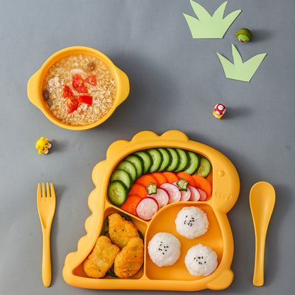 Children's dinnerware set shaped like dinosaurs - made of BPA-free plastic includes plate, bowl, fork, and spoon.