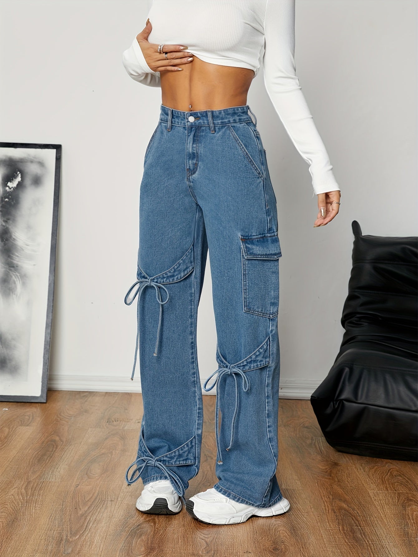 Casual denim jeans for women with drawstring detail, high waist, straight leg, solid color, non-stretch cotton blend (86% cotton, 8% viscose, 6% polyester) ideal for spring/fall.