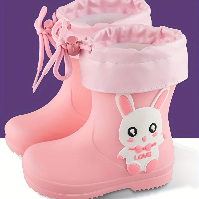 Durable PVC mid-calf youngsters' cartoon rain boots with drawstring closure. Waterproof, anti-slip, and perfect for outdoor activities. Ideal for boys and girls.