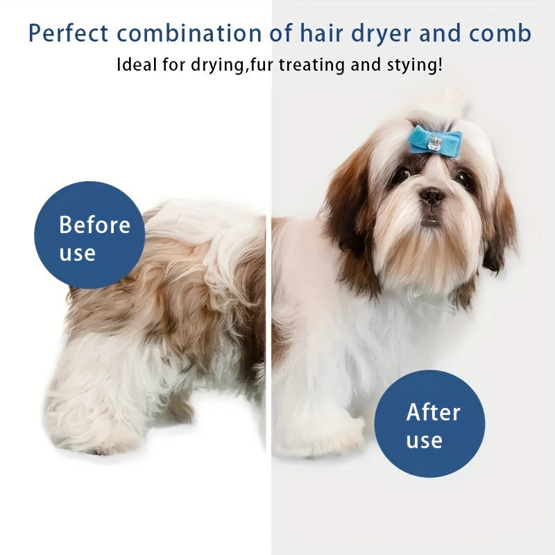 Professional pet grooming blow dryer for cats and dogs with 3 speed wind control and 3 blowing modes, no battery required. Includes pet hair remover comb and fur brush for styling.