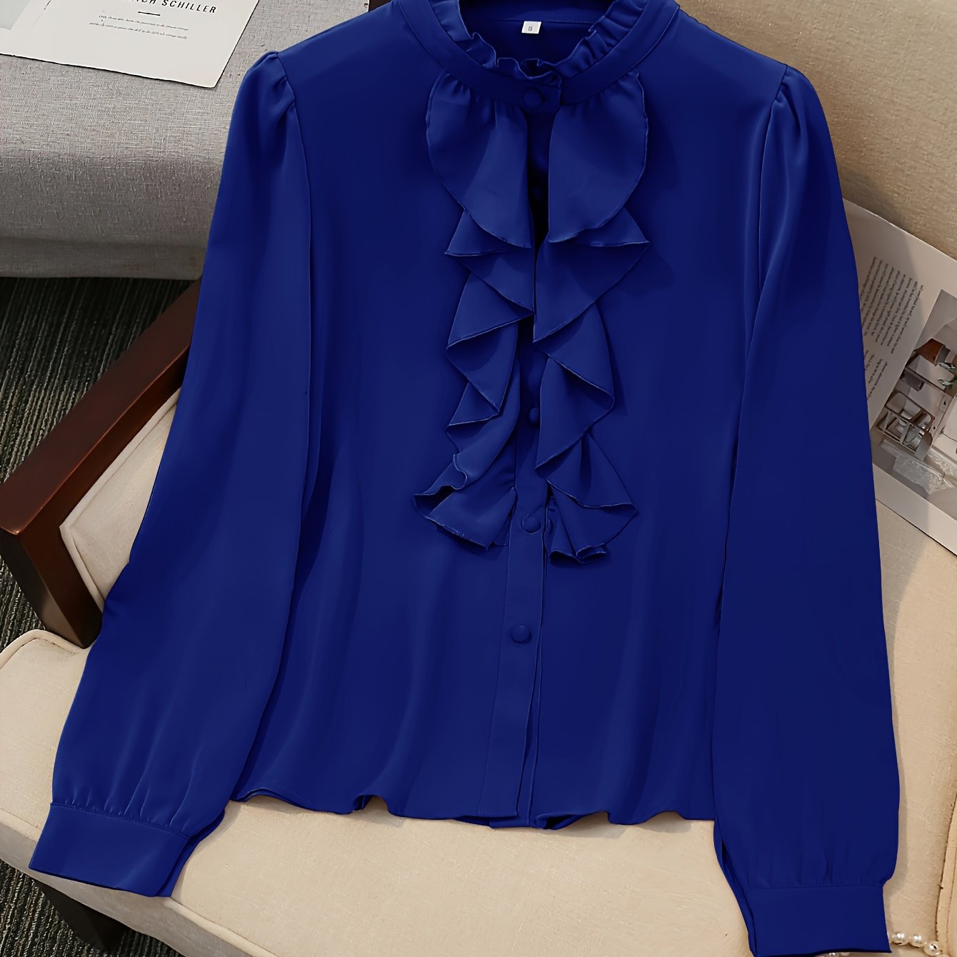 Ruffle Trim Button Front Blouse, Elegant Long Sleeve for Spring & Fall