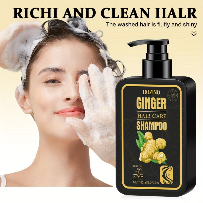 A 150ml ginger shampoo infused with hair care ingredients has a potent scent to moisturize, hydrate, and cleanse hair, leaving it soft and nourished.