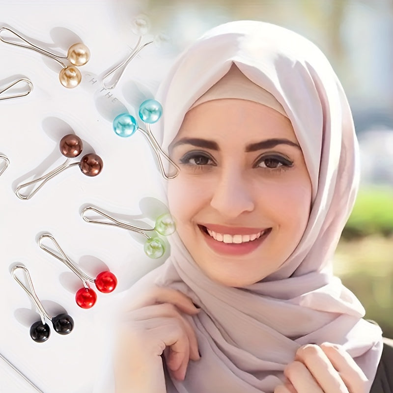 12 Middle Eastern headscarf clips with faux pearl brooches for securing silky scarves and shawls.