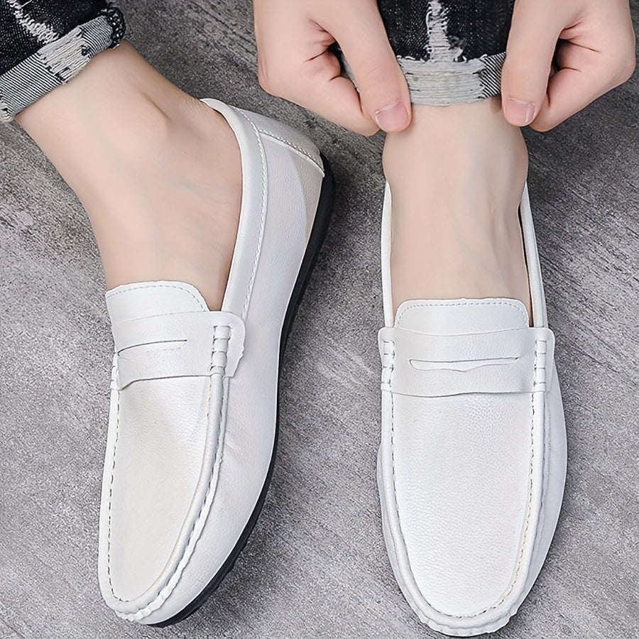 Men's slip-on penny loafers with solid color, non-slip durable soft sole, ideal for daily wear.