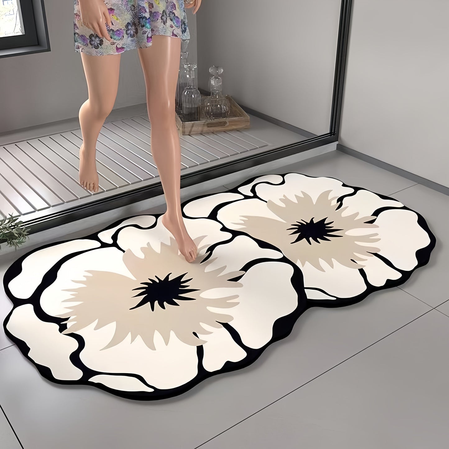 Christmas Decorative Floor Mat with Floral Pattern, Made of Diatomaceous Earth, Non-Slip Rubber Backing, Machine Washable, Quick-Dry Soft Shower Carpet, Low Pile Knit Fabric, suitable for Bathroom.