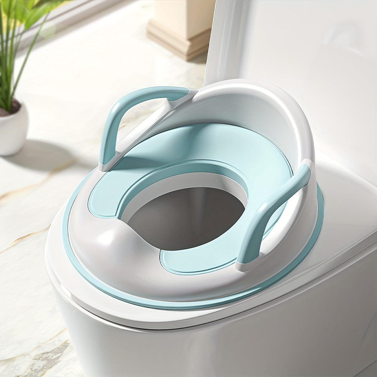 Potty Training Seat with Sturdy Handles, Durable Plastic Toilet Trainer Suitable for Ages 3-6, Easy to Clean and Designed for Perfect Fit, Features Dual Color Scheme.