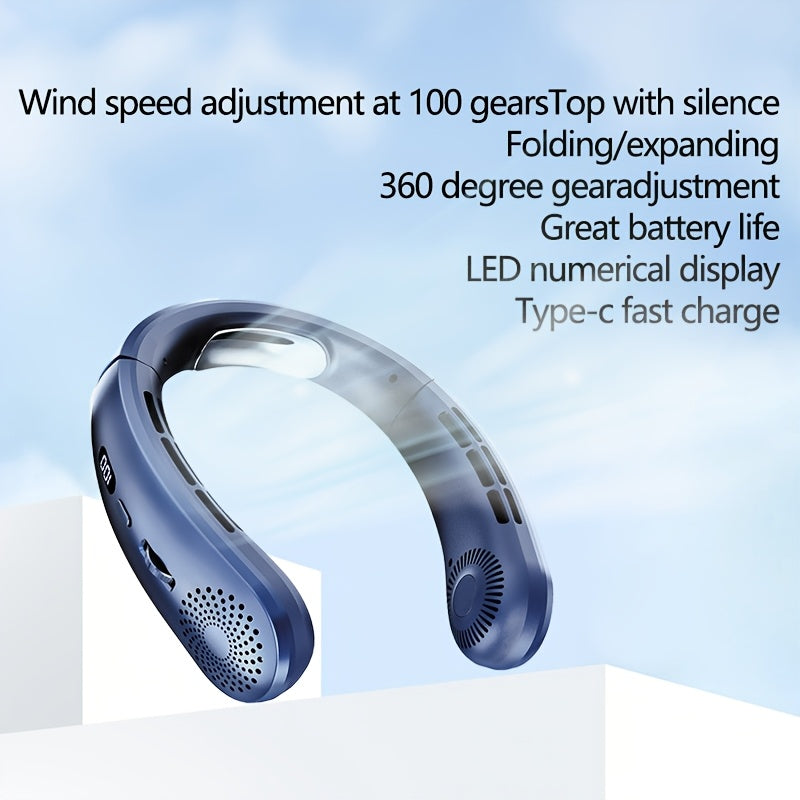 Introducing the 2025 Portable Neck Fan: Experience the innovation of a 100-speed bladeless design, complete with LED display, hands-free wear, and USB rechargeable battery. Perfect for both indoor and outdoor use.