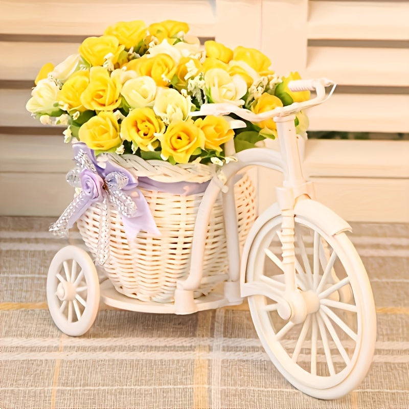 Stylish artificial flower pot on rattan cart for living room decor and supermarket displays.