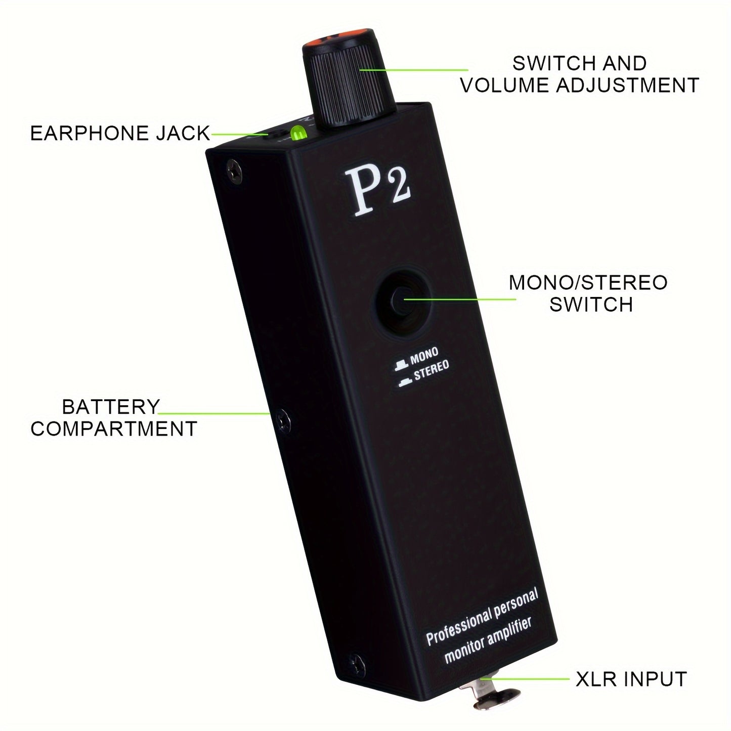 1pc P2 Professional HiFi In-Ear Stereo Headphone Amplifier, Portable Monitoring, Metal Construction, Battery Operated, Black