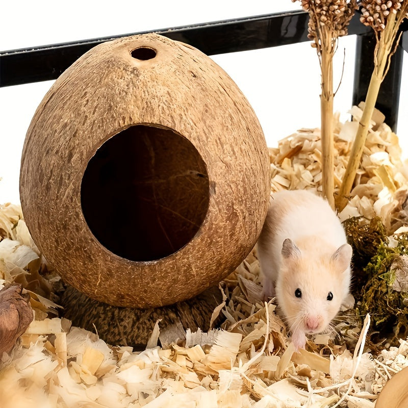 1pc Rat Coconut Nest for small pets to keep warm in winter, made from coconut shell with base for Squirrel, Hedgehog, Hamster, Sugar Glider, Parrot, and other birds.