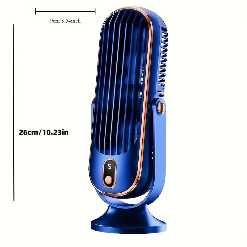 Portable air conditioner fan with dual motor, 5-speed cooling and 720° surround feature. Comes with USB rechargeable battery for use in office, travel, camping and outdoors.