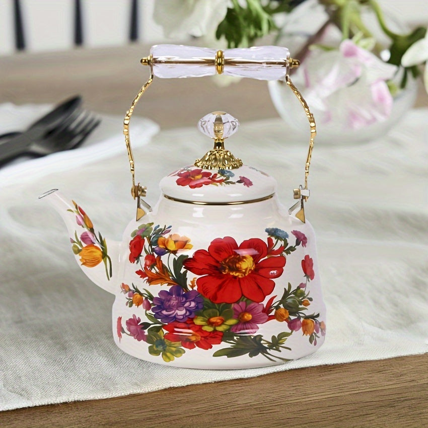 Vintage Floral Design Enamel Tea Kettle with Handle - Large Capacity Stovetop Teapot for Classic Afternoon Tea in the Garden, Handcrafted with Traditional Expertise - Non-Electric