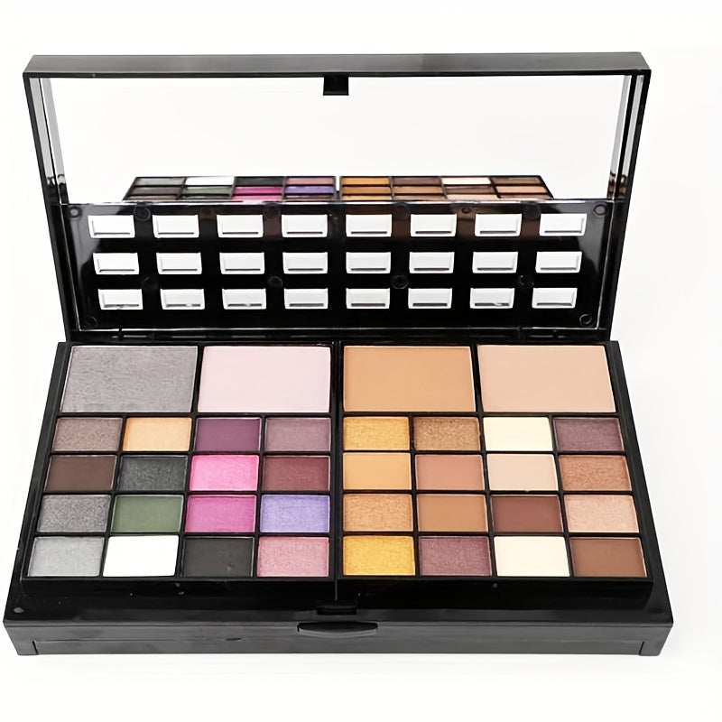 74-color makeup palette includes matte and pearl eye shadows, lip gloss, golden concealer, blush, bronze highlight.