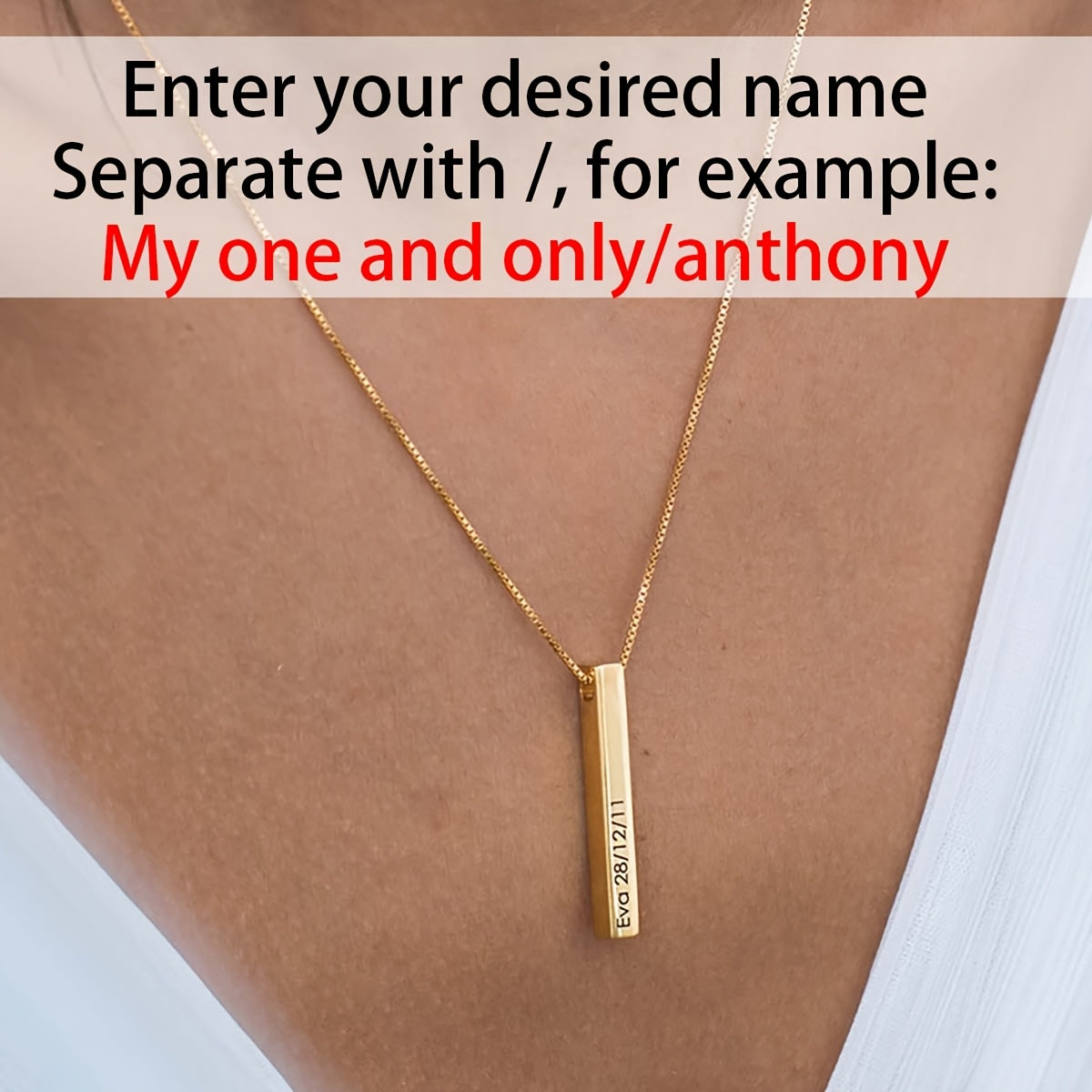 Stylish Customizable 3D Vertical Bar Pendant Necklace in 18K Gold Plated Stainless Steel, Laser Engraved with Personalized English Name, Boho Chic Style, Perfect for Everyday Wear or as a Gift for Women.