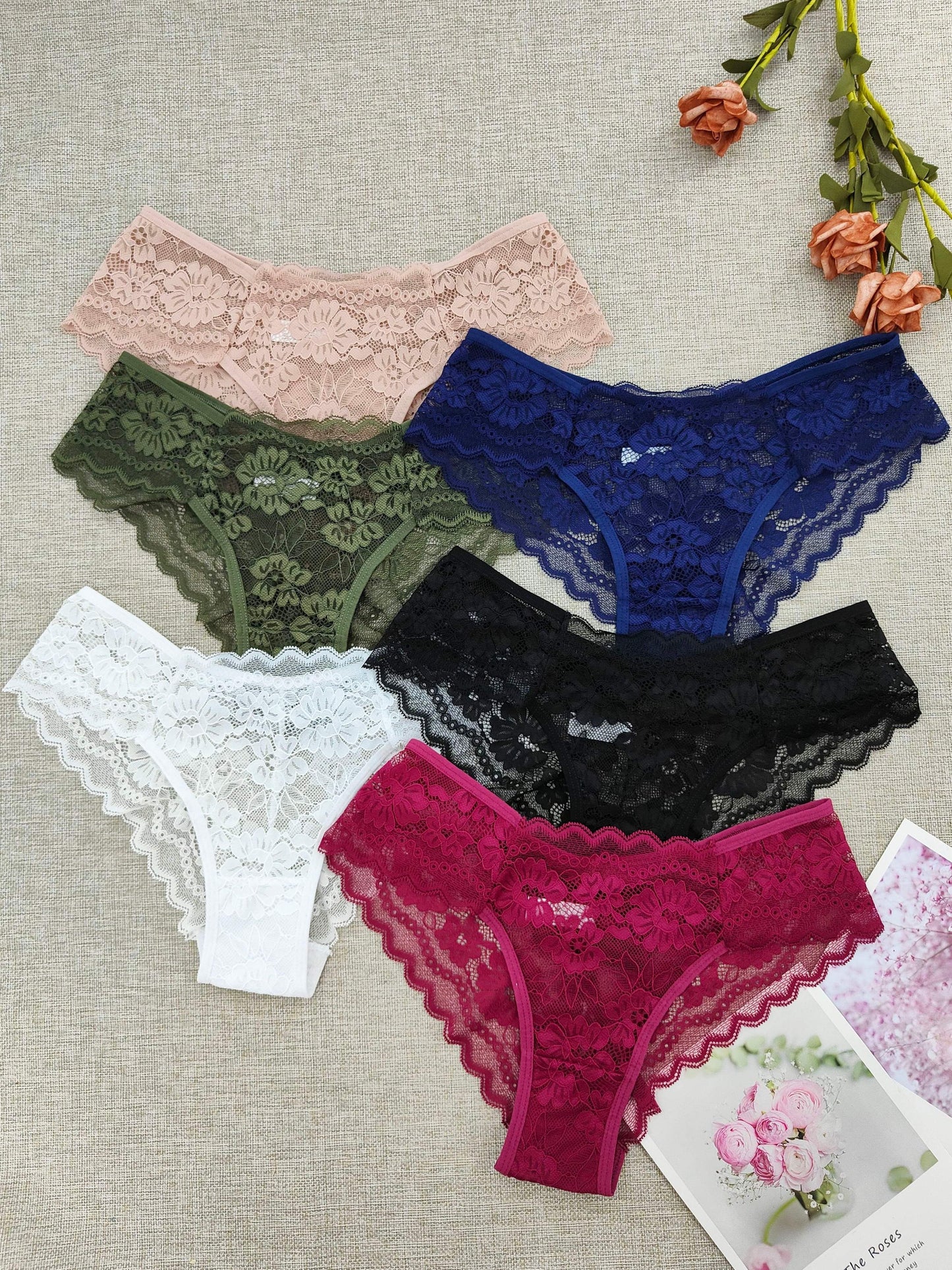 6 Women's Lace Floral Low-Rise Bikini Panties - Nylon Blend, Semi-Sheer, Cute & Comfortable