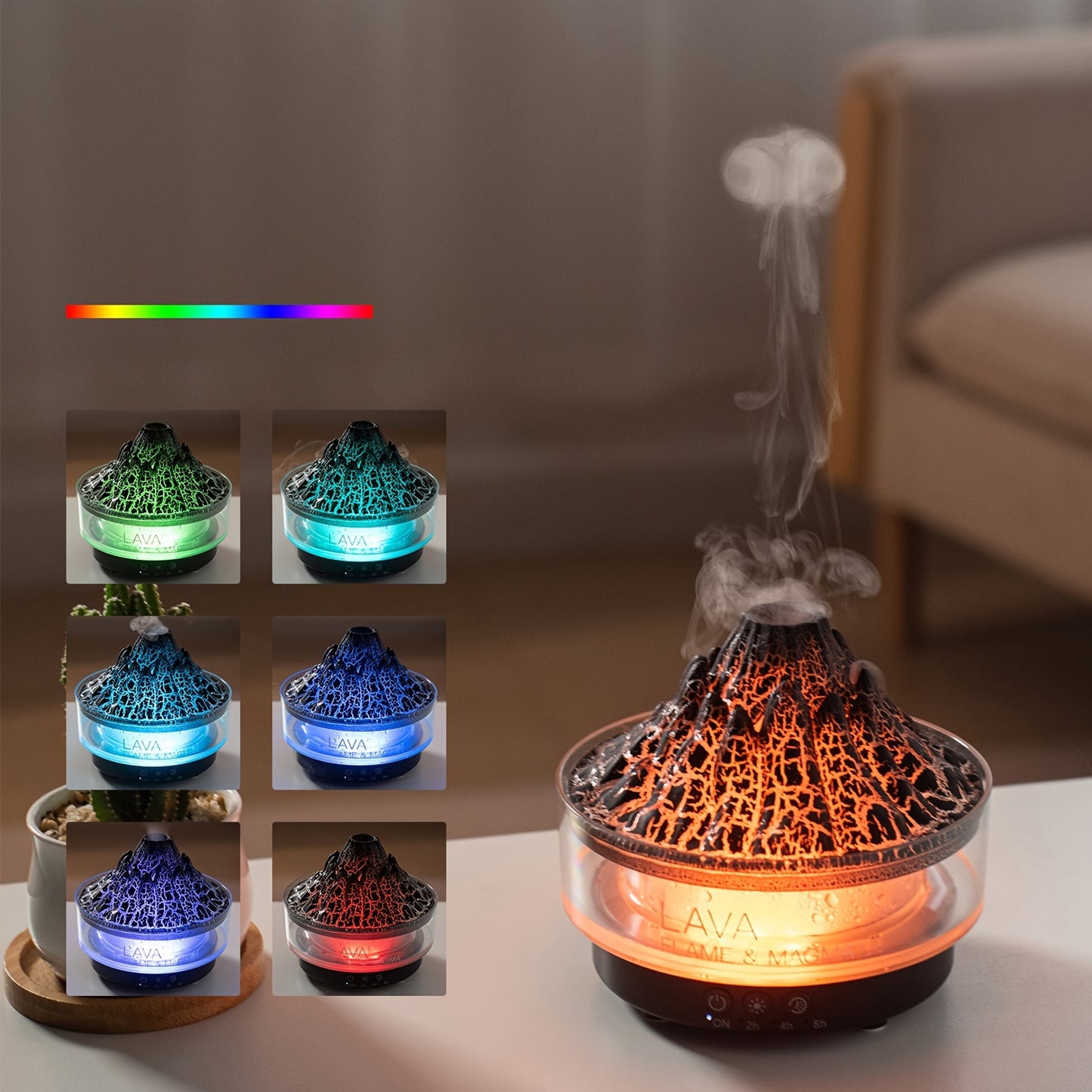 Large capacity Volcano Crackle Humidifier with Aromatherapy, Colorful LED lights, USB powered for home and office, ideal for creating bedroom ambiance.