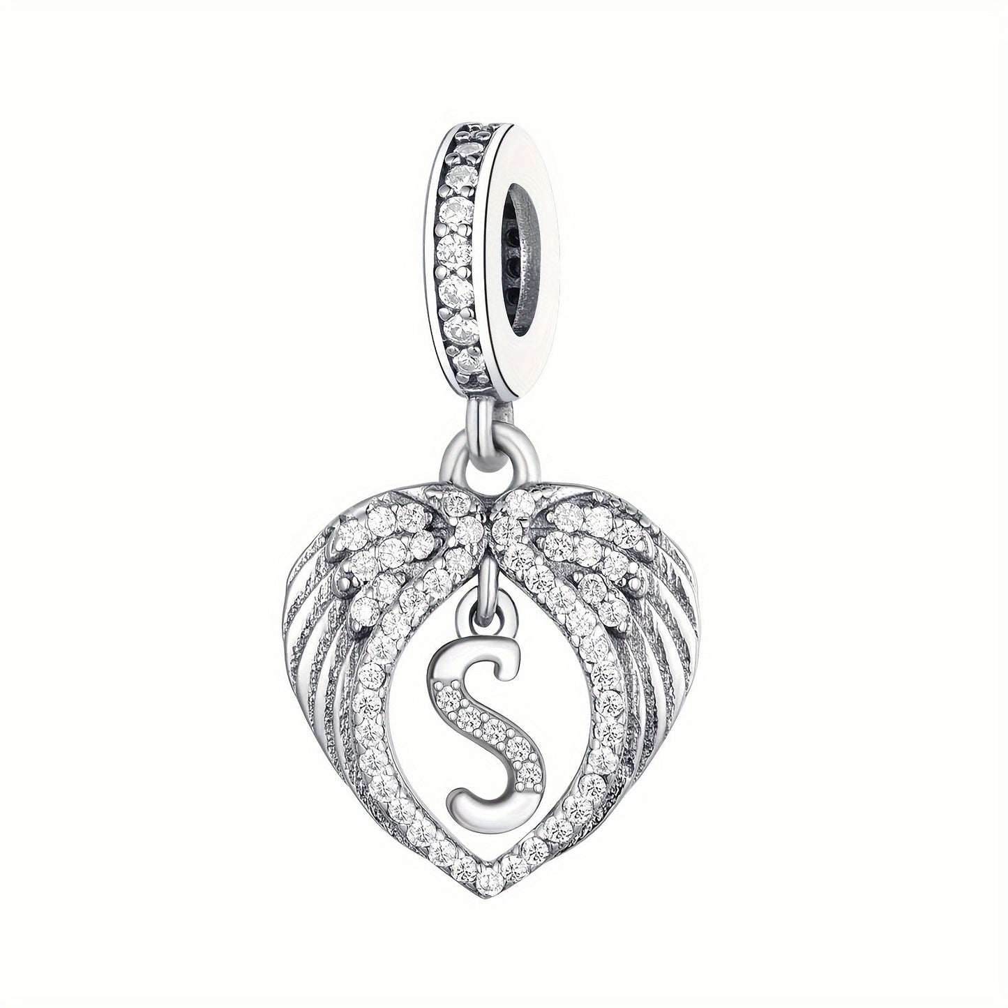 925 Sterling Silver Heart-shaped Wing Pendant with Synthetic Zircon Letter Pattern for DIY Jewelry Making, Perfect Gift Idea