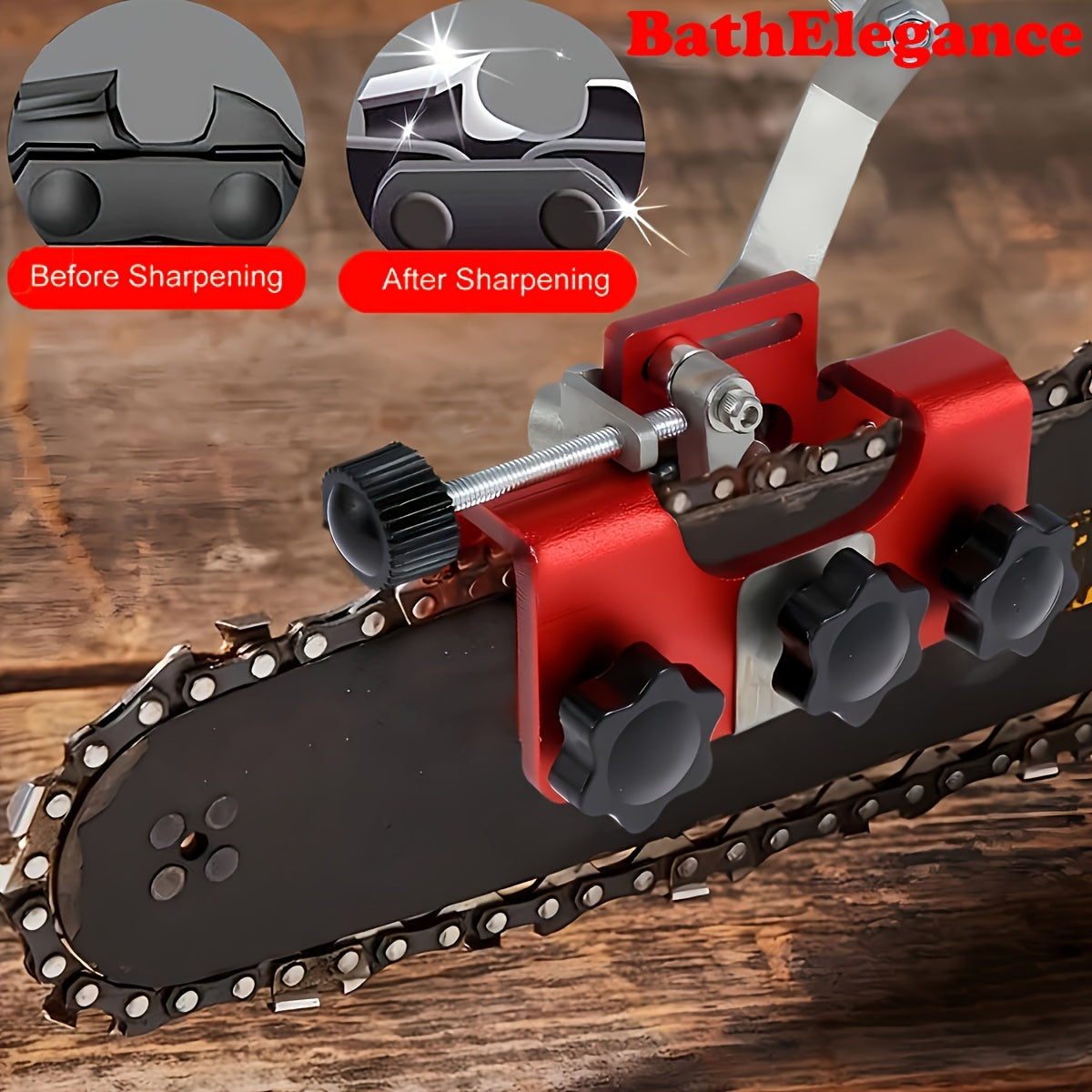 Handheld chainsaw sharpening fixture kit with 3 grinding heads and carrying bag for DIY lumberjacks.