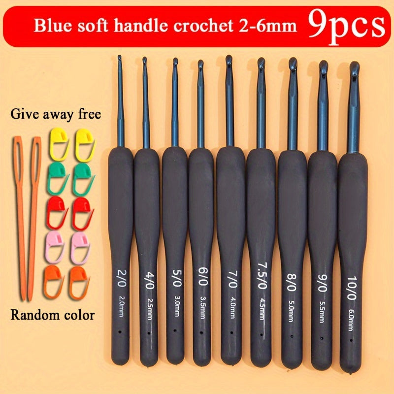 Blue crochet tool set includes 9pcs with soft handle, perfect for beginners. Random color. Great gift.