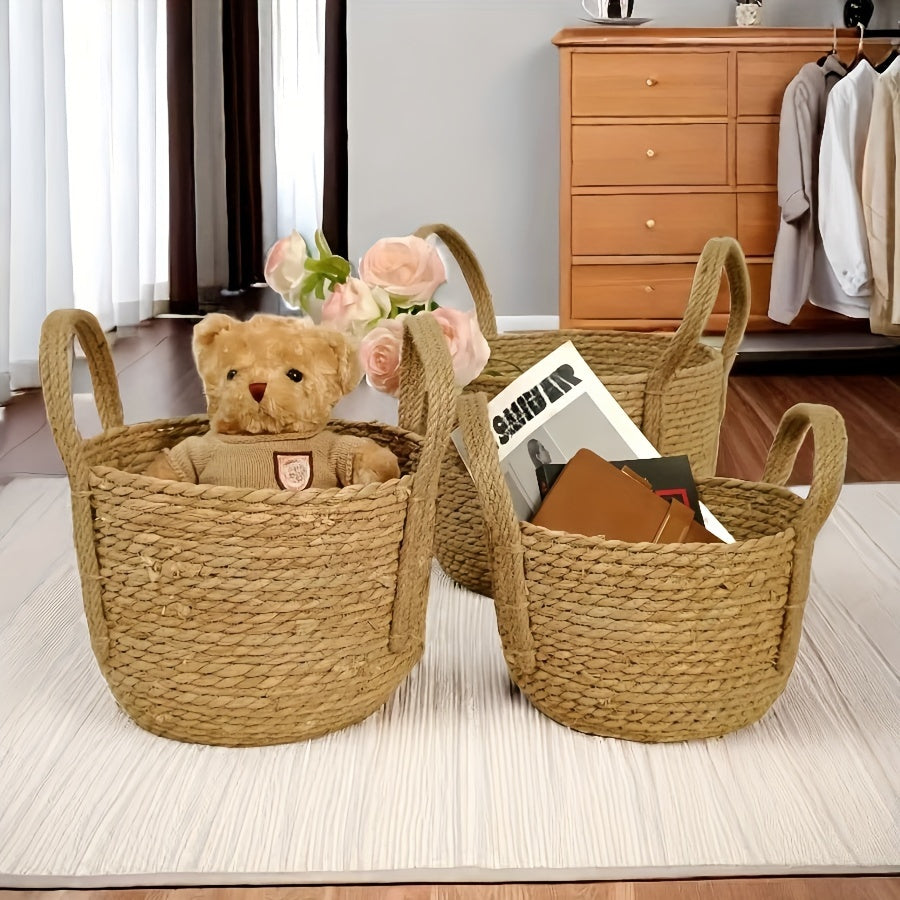 3 Handmade Woven Storage Baskets with Rustic Grass Finish - Perfect for Laundry or Home Organization