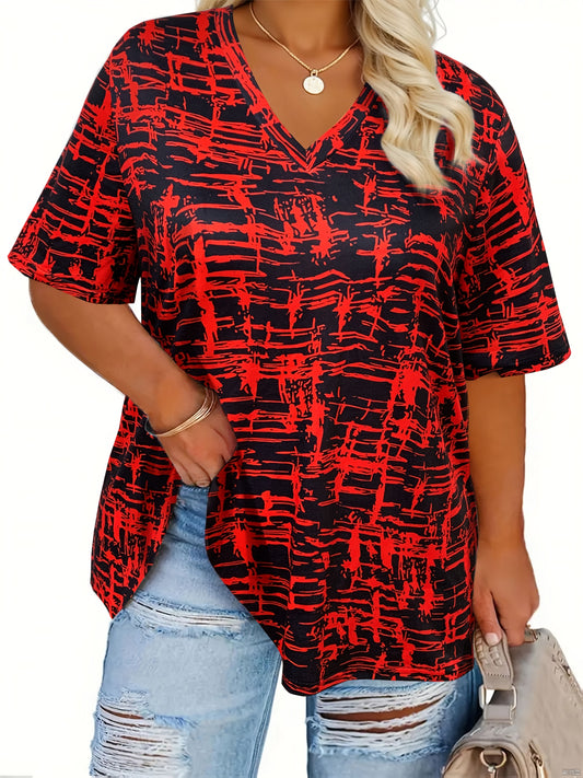 Plus size black & white abstract print t-shirt with v-neck, short sleeves, and drawstring detail. Made of polyester knit, perfect for spring/summer casual wear.