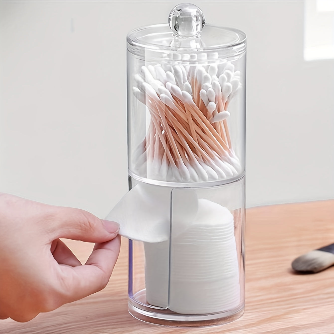 Multi-functional transparent double-layer storage jar for swabs, jewelry, and more - a dustproof organizer for both the kitchen and bathroom.