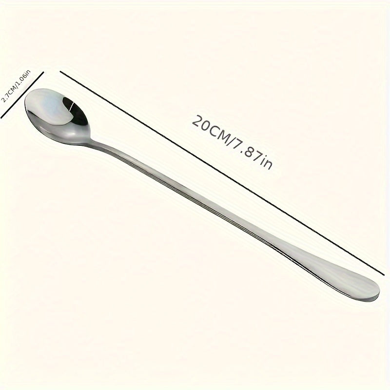 Set of 8 stainless steel long-handled spoons for tea, coffee, and ice cream. Dishwasher safe.