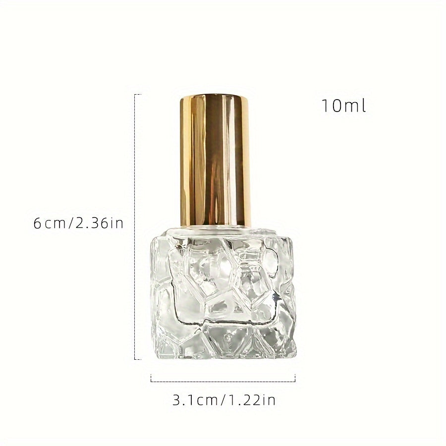 Four stylish square 10ml perfume bottles, perfect for travel, with water cube spray bottles for easy transfer.