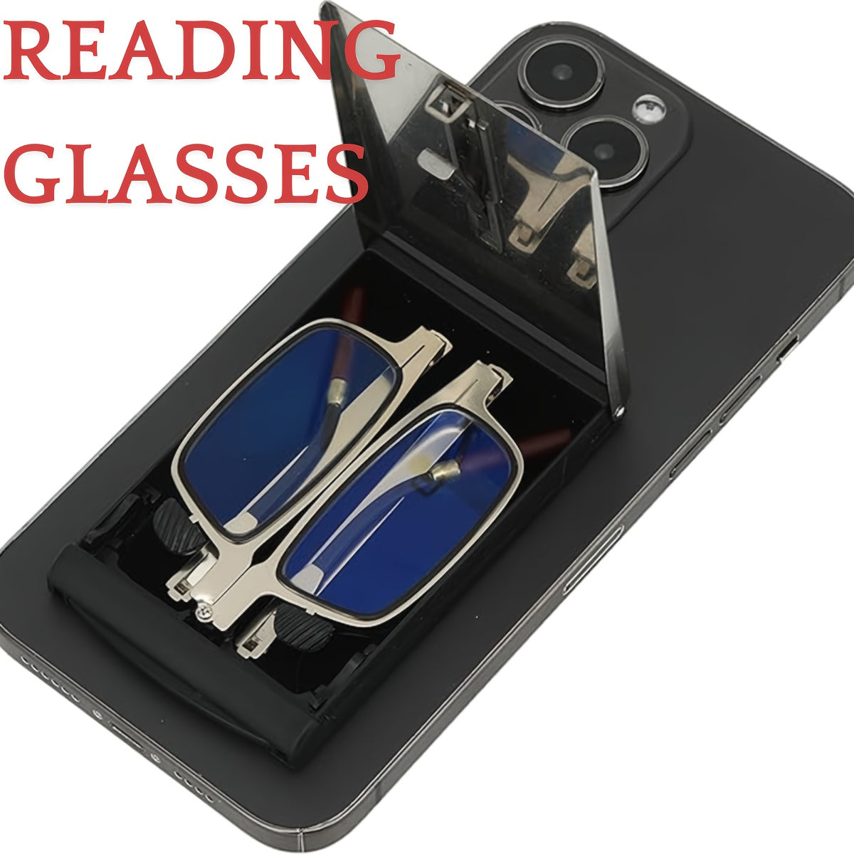 Rectangular full rim reading glasses with anti-blue light lenses, metal frame with mirror coating, and portable folding design for men and women.