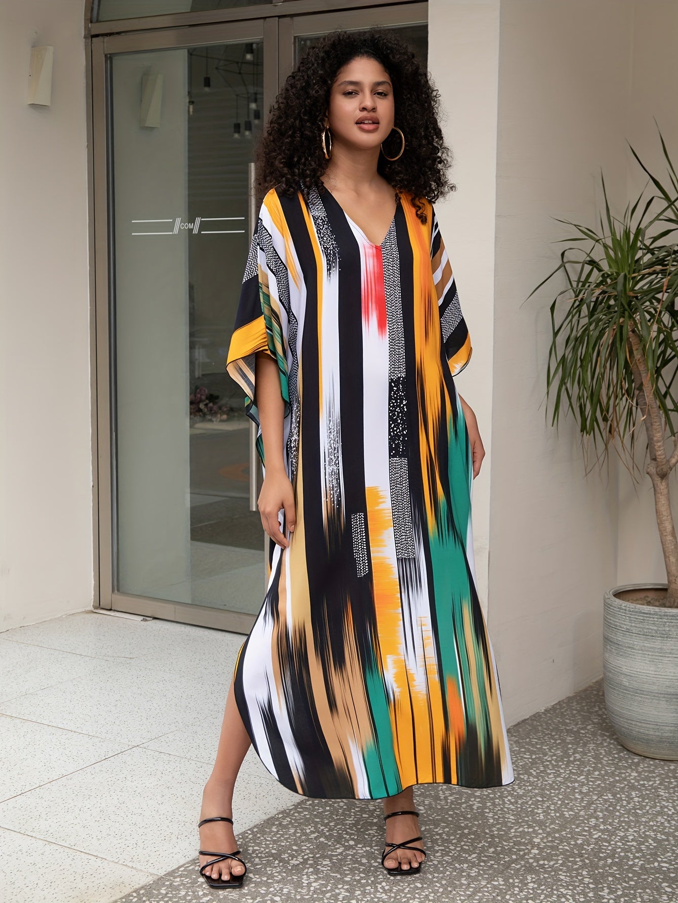 Plus Size Colorful Striped Boho Cover Up Dress