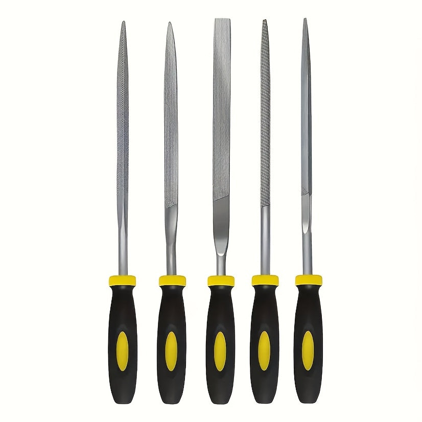 Set of 5 or 10 metal needle files made of hardened alloy steel, featuring various file shapes with durable plastic handles; no electricity or battery required.