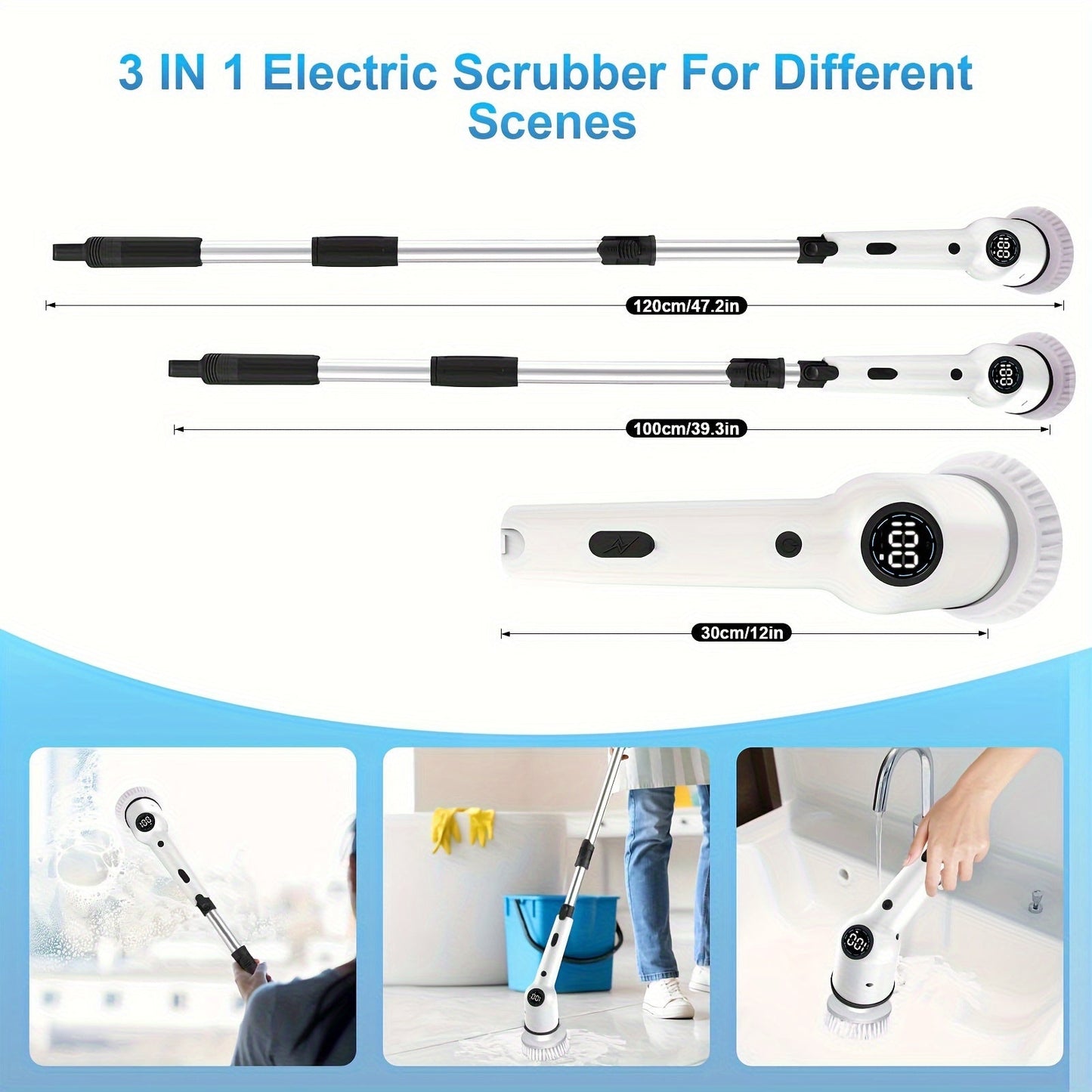 Rotating Electric Cleaning Brush with 8 Brush Heads and Battery Indicator Light - Ideal for Kitchen, Car, Tile, Wall, Floor, and Shower cleaning purposes.