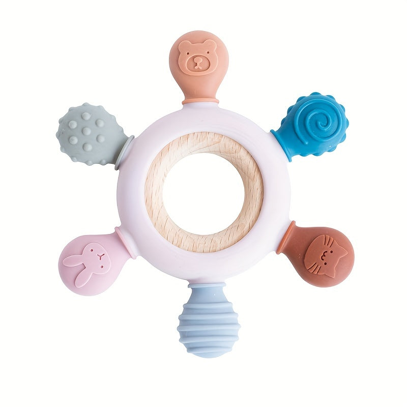 Silicone Baby Teether in Rudder Shape with Wooden Teether Ring for Touch Training, BPA Free Chew Toy for Newborns, Children's Dental Care Teething Toy - Perfect for Halloween, Thanksgiving, and Christmas Gifting.