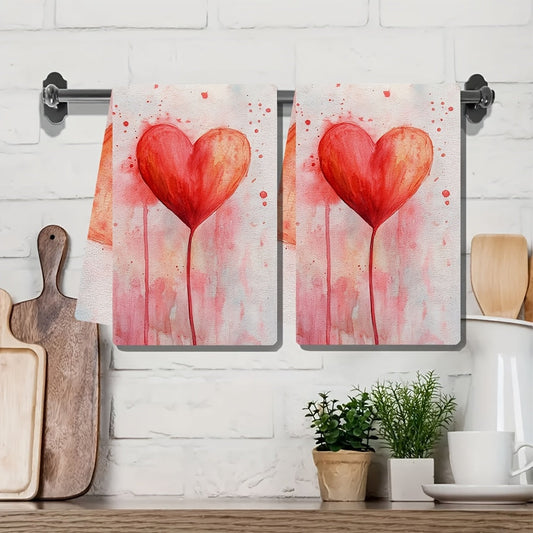 Set of 2 Ultra Soft Kitchen Towels with "Be Mine" Valentine's Day Theme- Highly Absorbent & Machine Washable Dish Hand Towels Featuring Contemporary Watercolor Heart Design, Size 40.64x60.96 cm, Perfect for Drying Dishes