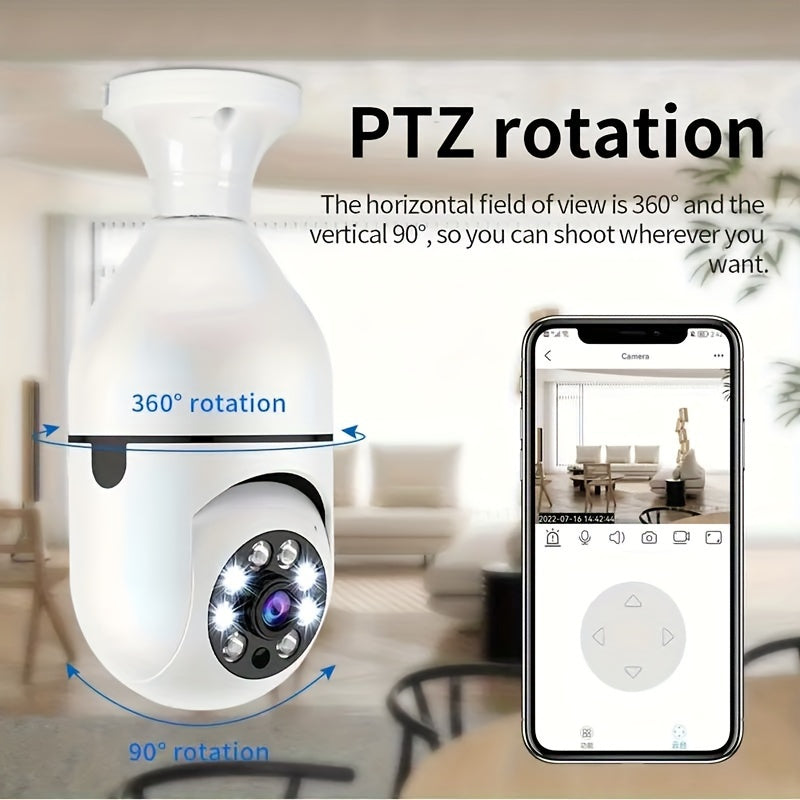 Light bulb security camera with E27 connector, featuring home WiFi capabilities. This 360-degree pan/tilt panoramic surveillance camera offers two-way audio functionality. Suitable for use both indoors and outdoors, this 2.4G IP camera does not come with