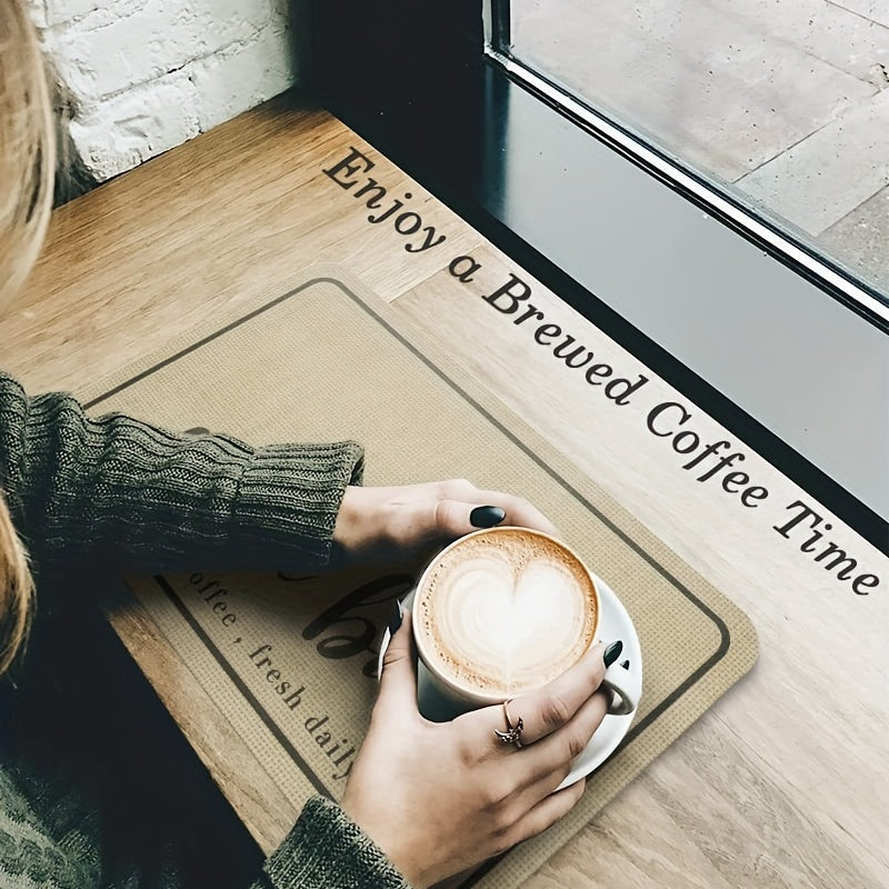 Keep your kitchen clean with the "Coffee Lover" Quick-Dry Coffee Mat, designed with hidden stain absorption and a rubber backing. Perfect for your kitchen counter or coffee bar, this mat is ideal for use with espresso machines and coffee mugs.