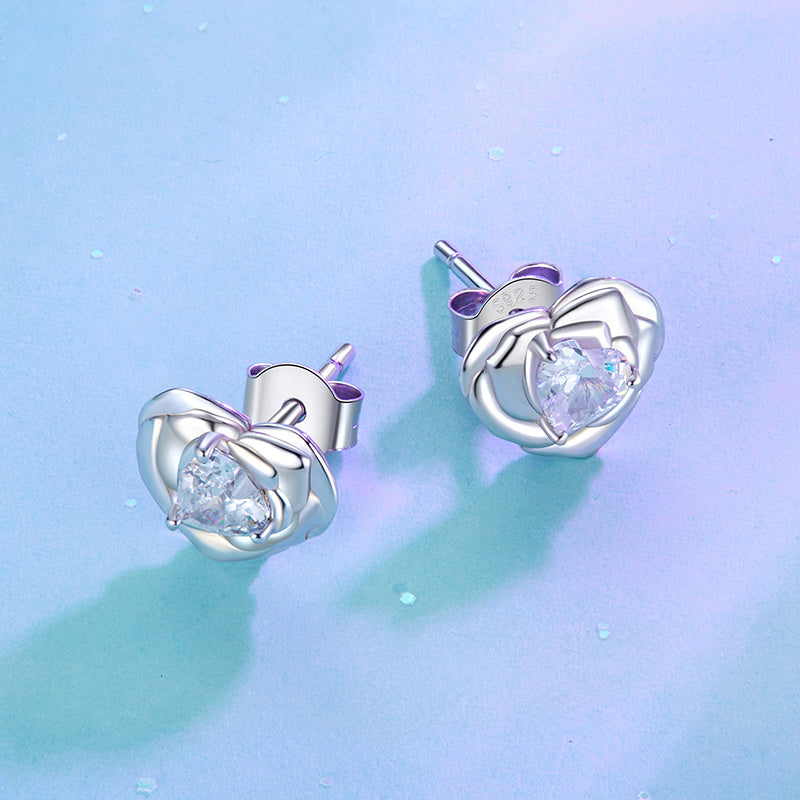 Beautiful Heart and Rose Stud Earrings crafted for Women, made of Hypoallergenic 925 Sterling Silver adorned with Sparkling Cubic Zirconia. An ideal Gift for Valentine's Day, weighing 3.1g, suitable for Daily Wear, perfect for Boyfriend & Girlfriend.