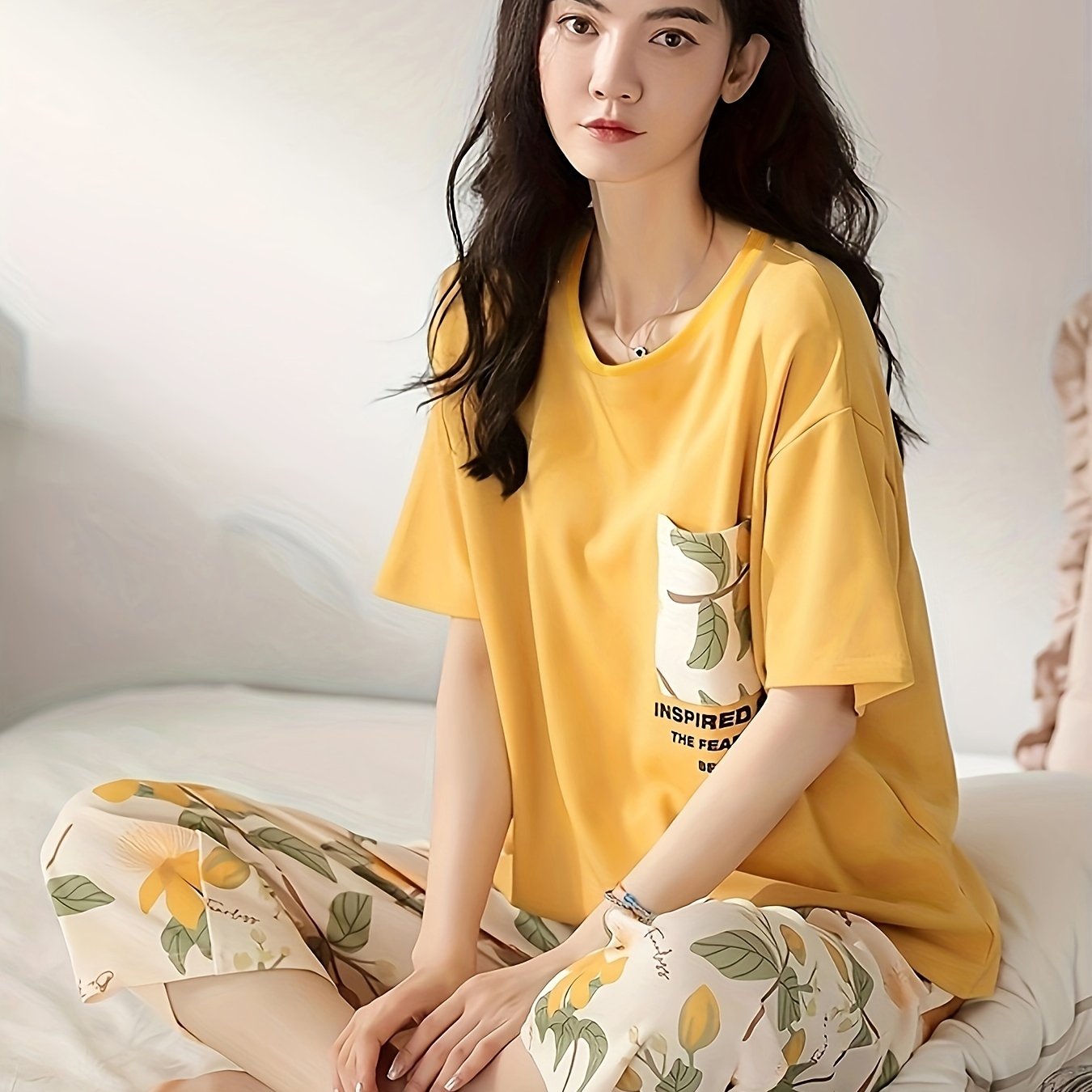 Floral print casual loungewear set for women: short sleeve tee and capri pants for a cozy, relaxed fit at home in summer.