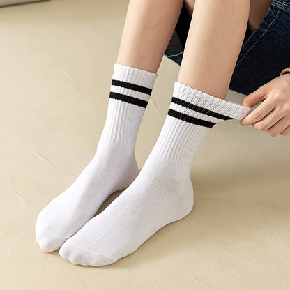 6 pairs of comfy striped print mid tube socks for women, perfect for sports and college style.