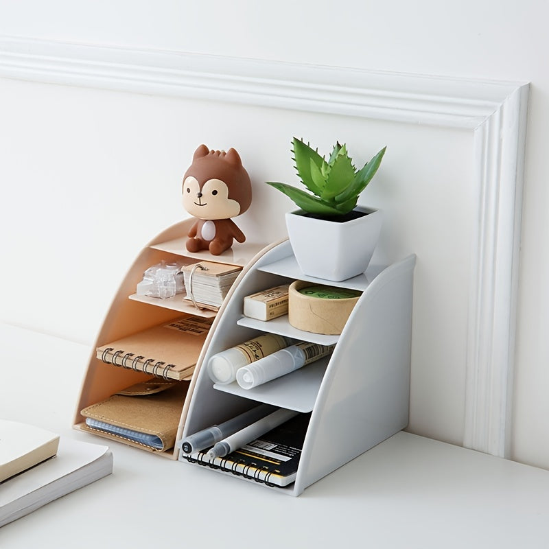 Pocket folder with grid remote control box for organizing cosmetics on desktop.