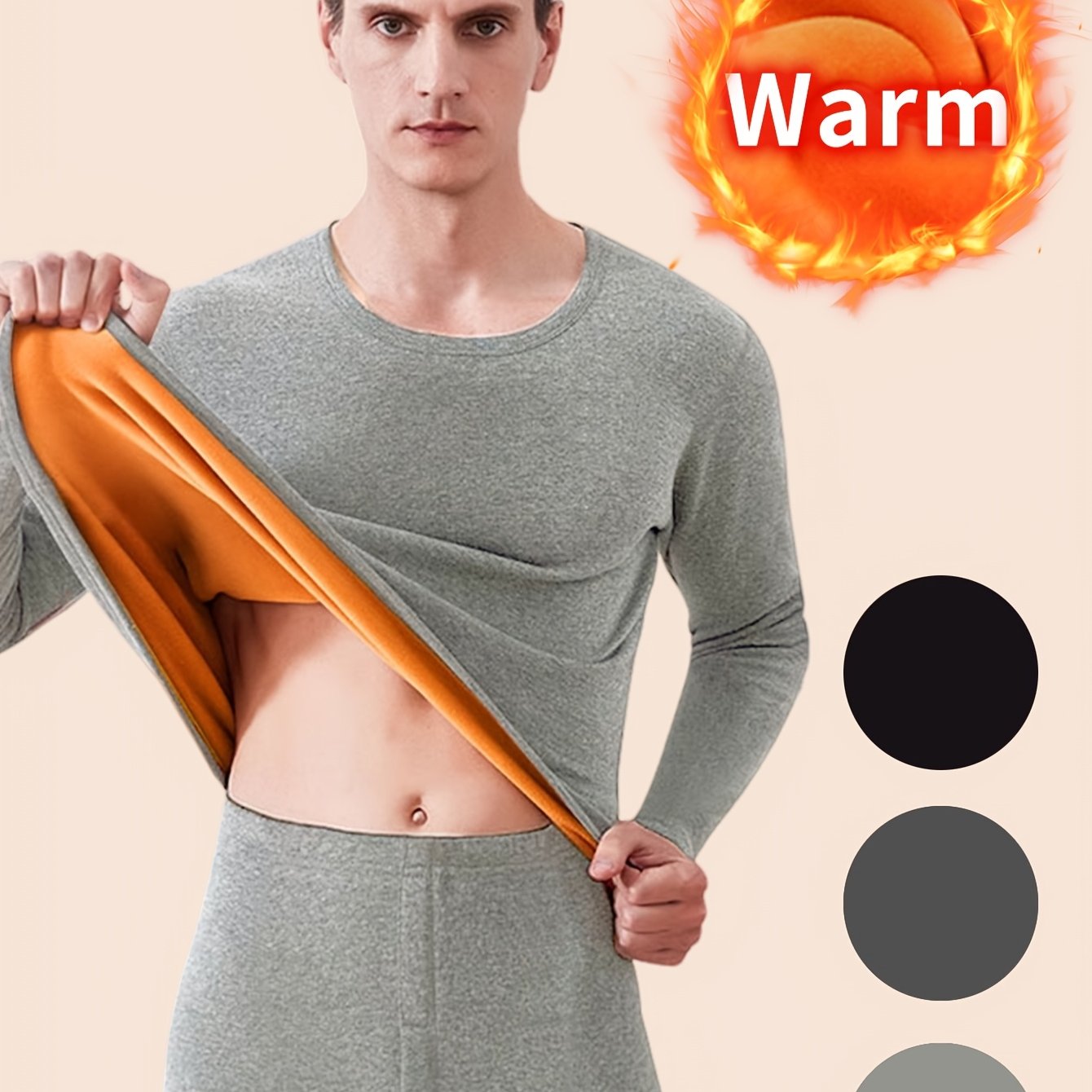 Men's winter pajama set with ultra-thick fleece, including plush long sleeve top and skinny pants. Made of 95% polyester and 5% spandex, featuring crew neck, solid color, knit fabric, and