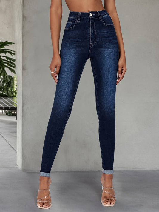 Elegant high stretch skinny jeans for women, long length with button detail, perfect for all seasons.