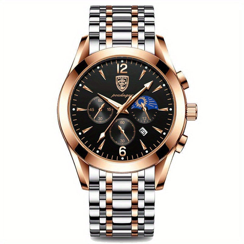 Get the POEDAGAR Glow Calendar Stainless Steel Quartz Watch - A Perfect Gift for Men's Accessories